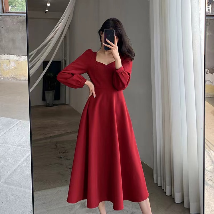 High Waist Slim Evening Party Dresses Long Puff Sleeve Solid Elegant Dress Women Fashion Wedding Guest New Year Women