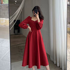 High Waist Slim Evening Party Dresses Long Puff Sleeve Solid Elegant Dress Women Fashion Wedding Guest New Year Women
