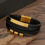 Multi Layers PU Leather Men Bracelet, Magnut Closure, Waved Leather, Gold Color Metal Tube Charm, Fashion Hip Hop Men