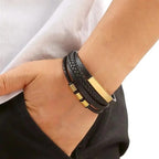 Multi Layers PU Leather Men Bracelet, Magnut Closure, Waved Leather, Gold Color Metal Tube Charm, Fashion Hip Hop Men