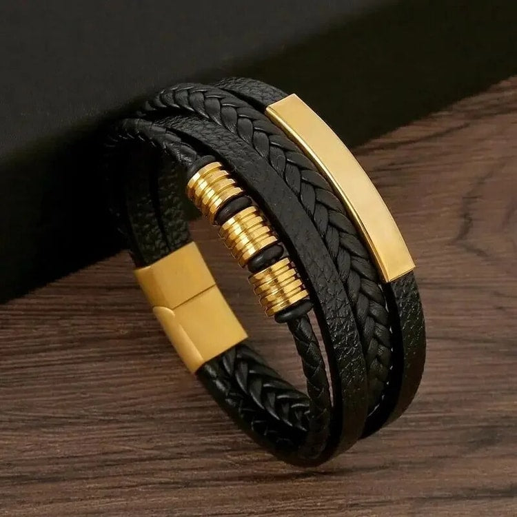 Multi Layers PU Leather Men Bracelet, Magnut Closure, Waved Leather, Gold Color Metal Tube Charm, Fashion Hip Hop Men