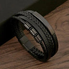 Multi Layers PU Leather Men Bracelet, Magnut Closure, Waved Leather, Gold Color Metal Tube Charm, Fashion Hip Hop Men