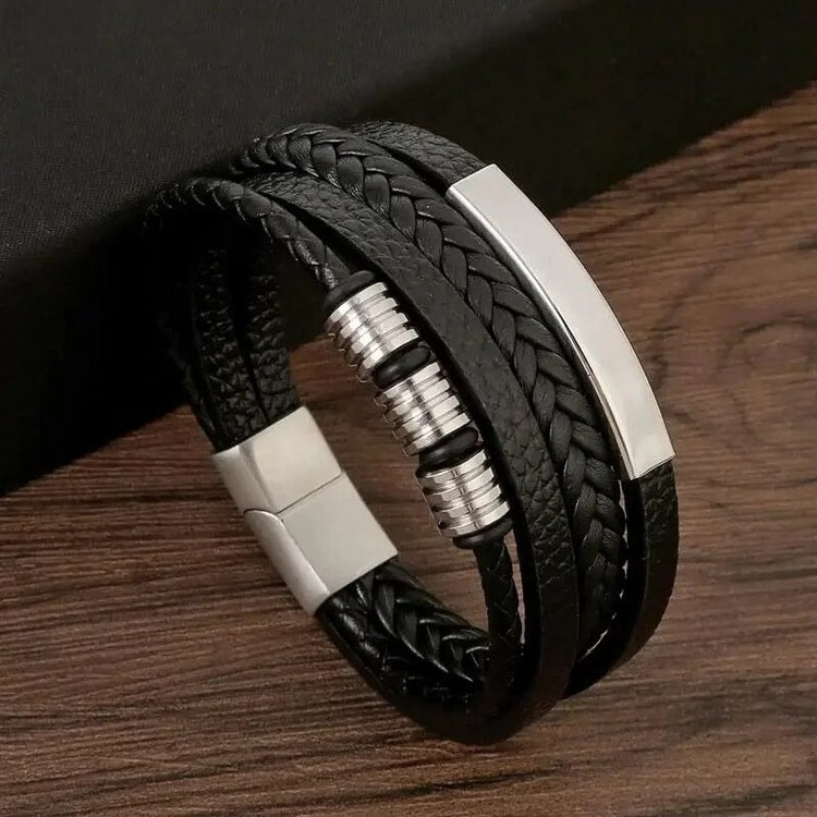 Multi Layers PU Leather Men Bracelet, Magnut Closure, Waved Leather, Gold Color Metal Tube Charm, Fashion Hip Hop Men