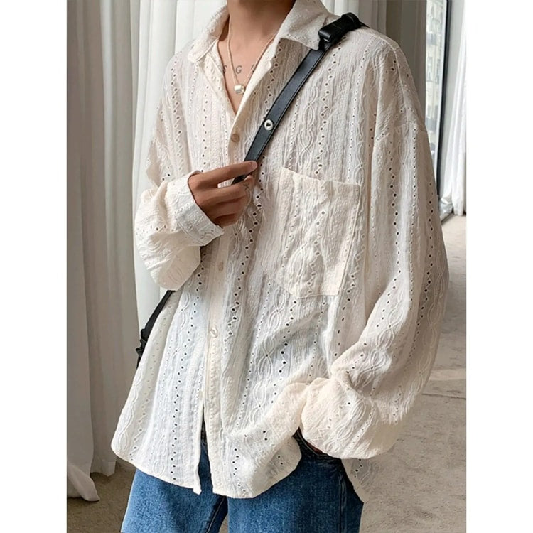 Men's Luxury Niche Shirt, Hollow Design Tweed Jacket, Trendy Loose Fit Long Sleeve Casual Vest