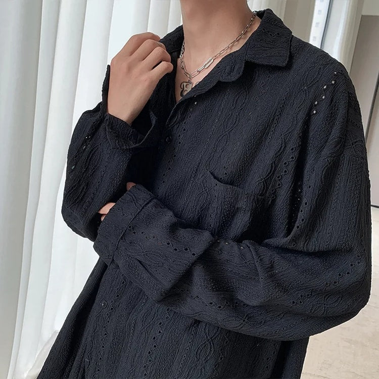 Men's Luxury Niche Shirt, Hollow Design Tweed Jacket, Trendy Loose Fit Long Sleeve Casual Vest