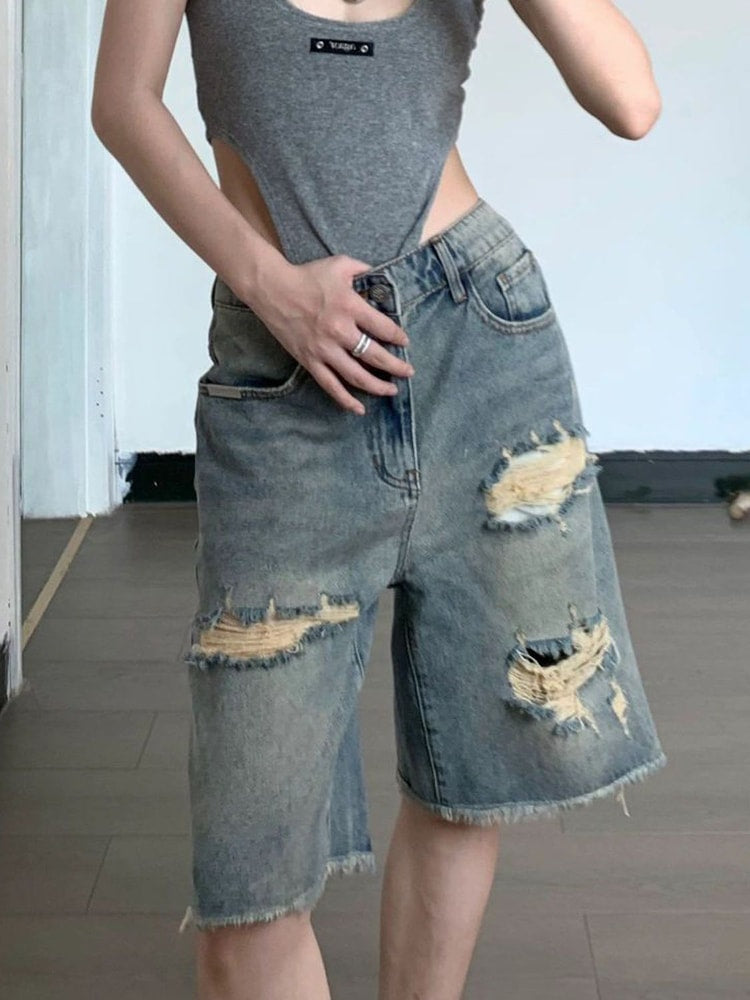Retro Rebel Distressed Jorts Denim Shorts for Streetwear Style