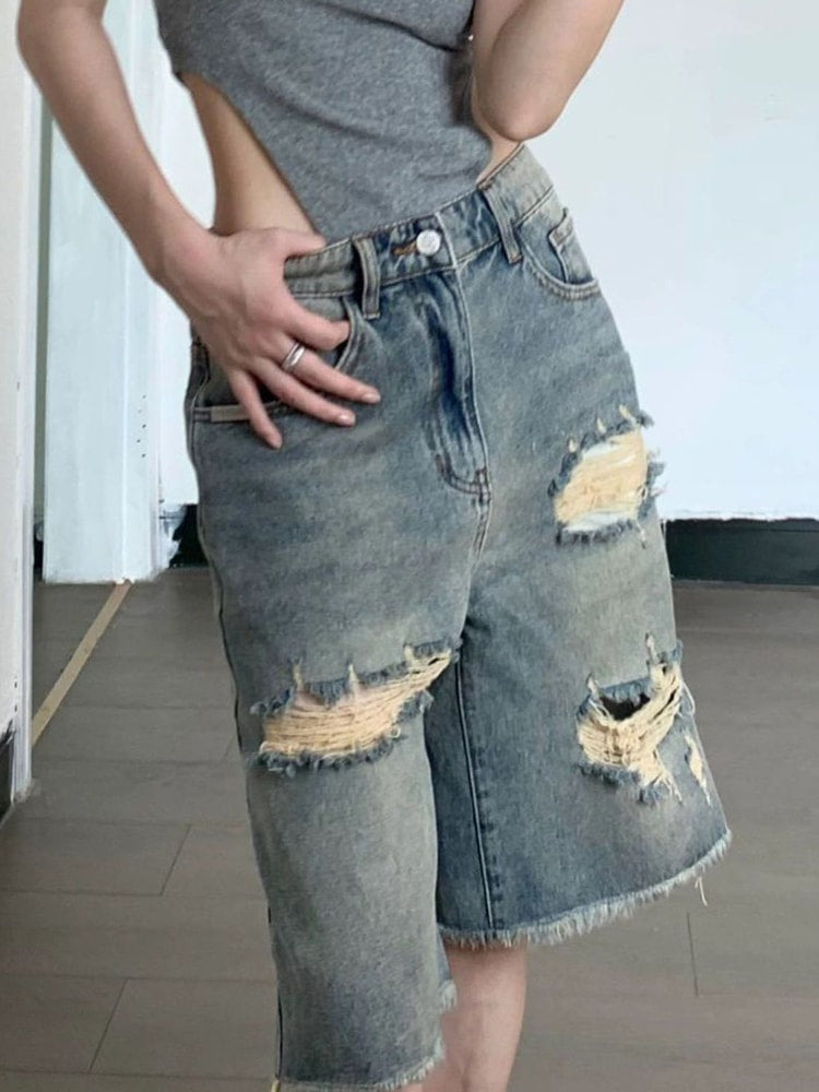 Retro Rebel Distressed Jorts Denim Shorts for Streetwear Style