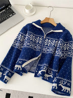 Trendy Streetwear Coat, Casual Sweater Short Cardigan for Ladies, Lapel Neck Zipper Print, Autumn and Christmas Style