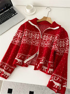 Trendy Streetwear Coat, Casual Sweater Short Cardigan for Ladies, Lapel Neck Zipper Print, Autumn and Christmas Style