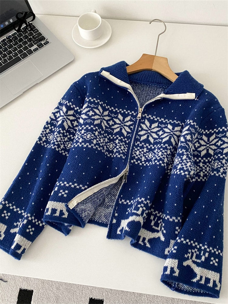 Trendy Streetwear Coat, Casual Sweater Short Cardigan for Ladies, Lapel Neck Zipper Print, Autumn and Christmas Style