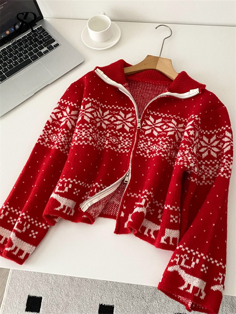 Trendy Streetwear Coat, Casual Sweater Short Cardigan for Ladies, Lapel Neck Zipper Print, Autumn and Christmas Style