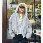 Womens Streetwear Jacket, American Retro Velvet Coat, Thickened Winter Wear with Fur Collar, Loose Fit Hooded Jacket