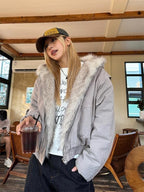 Womens Streetwear Jacket, American Retro Velvet Coat, Thickened Winter Wear with Fur Collar, Loose Fit Hooded Jacket