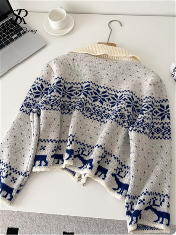 Trendy Streetwear Coat, Casual Sweater Short Cardigan for Ladies, Lapel Neck Zipper Print, Autumn and Christmas Style
